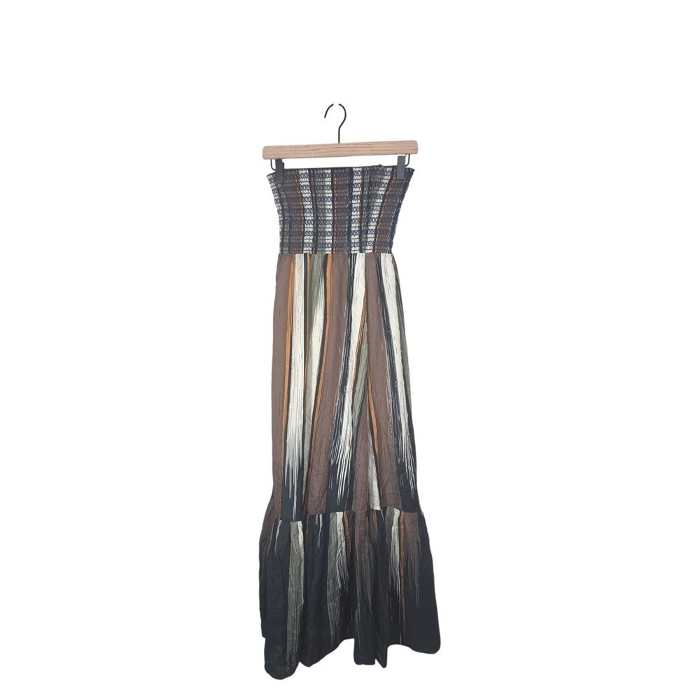Jenny Han Silk Cotton Strapless Maxi Dress Smocked Earth Tone Small